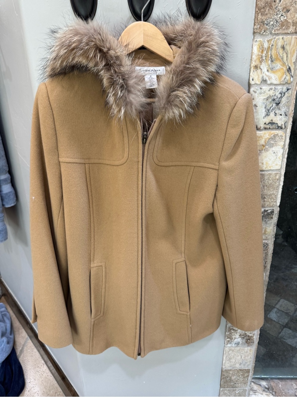 Preston & York Camel Wool-Blend Pea Coat with Faux Fur Trim